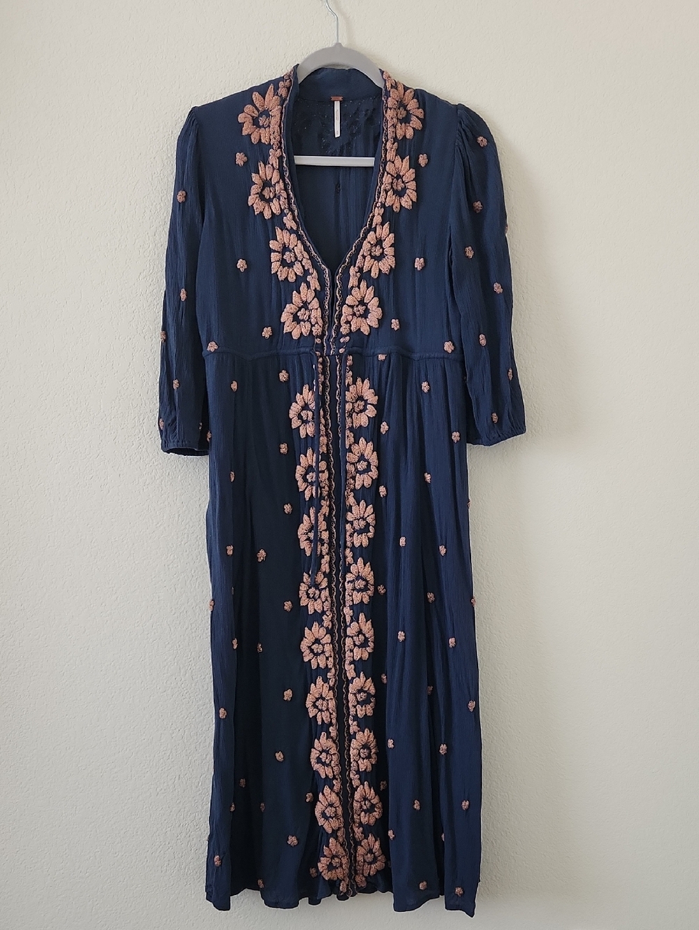Free People Navy Maxi Dress with Blush Floral Embroidery
